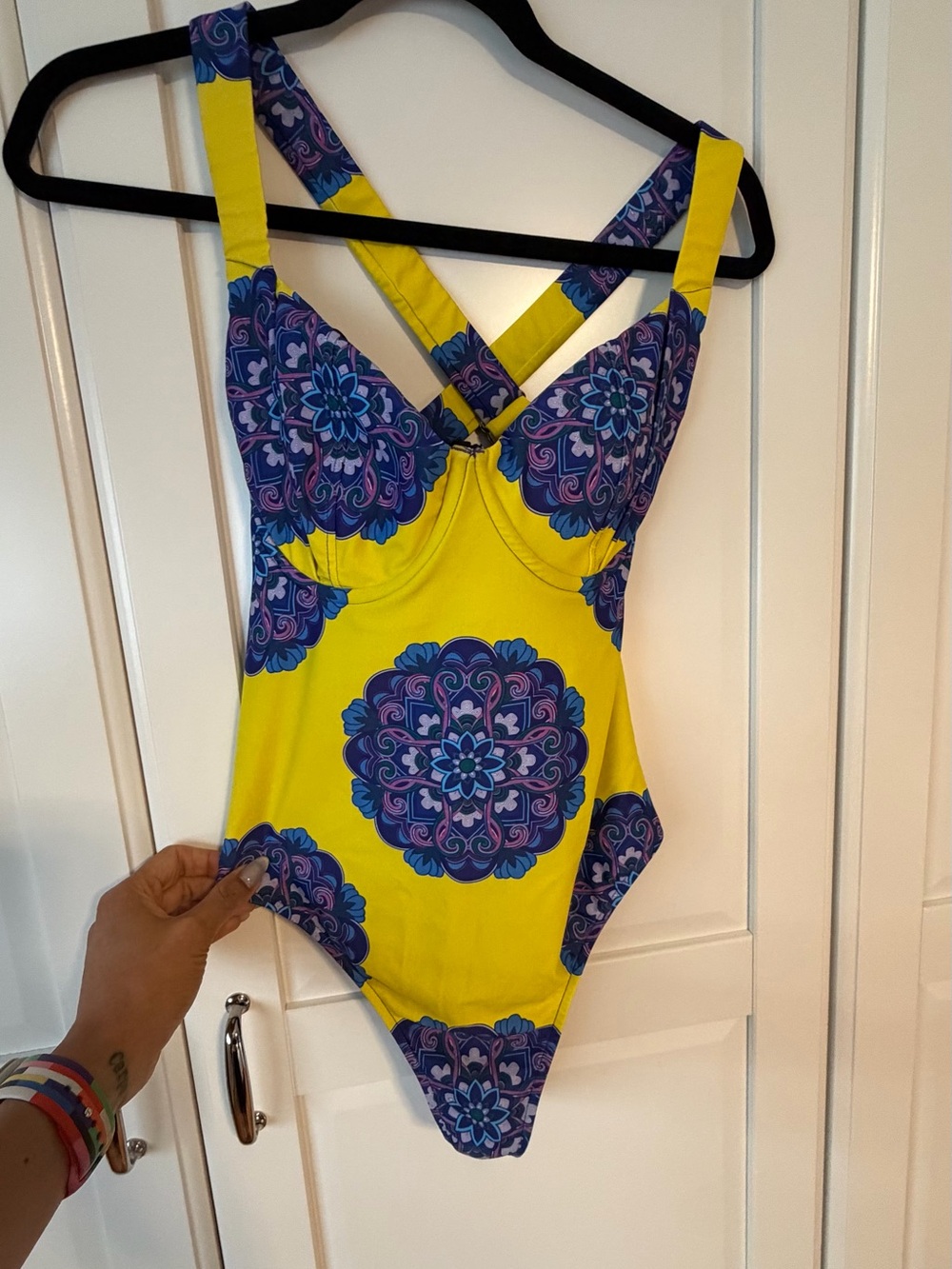 OFUURE Yellow One-Piece with Purple Medallion Print, coverup and head wrap